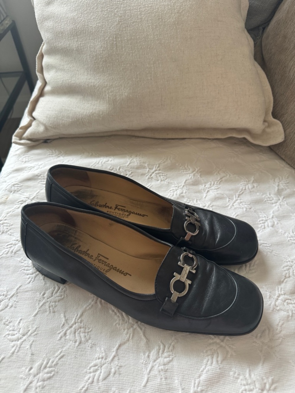Salvatore Ferragamo Black Leather Loafers with Silver Horsebit